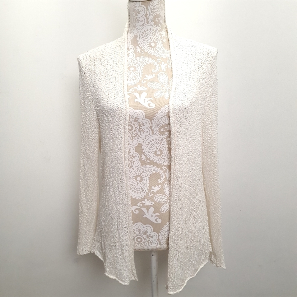 Eileen Fisher Open Front Loose Knit Crochet Slub Top Sweater Cardigan White M